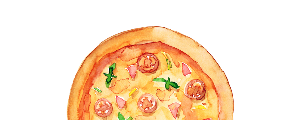 Der KastlGreissler, KastlGreissler Tiefkühlprodukte, Aquarellzeichnung einer bunten Gemüse Pizza
